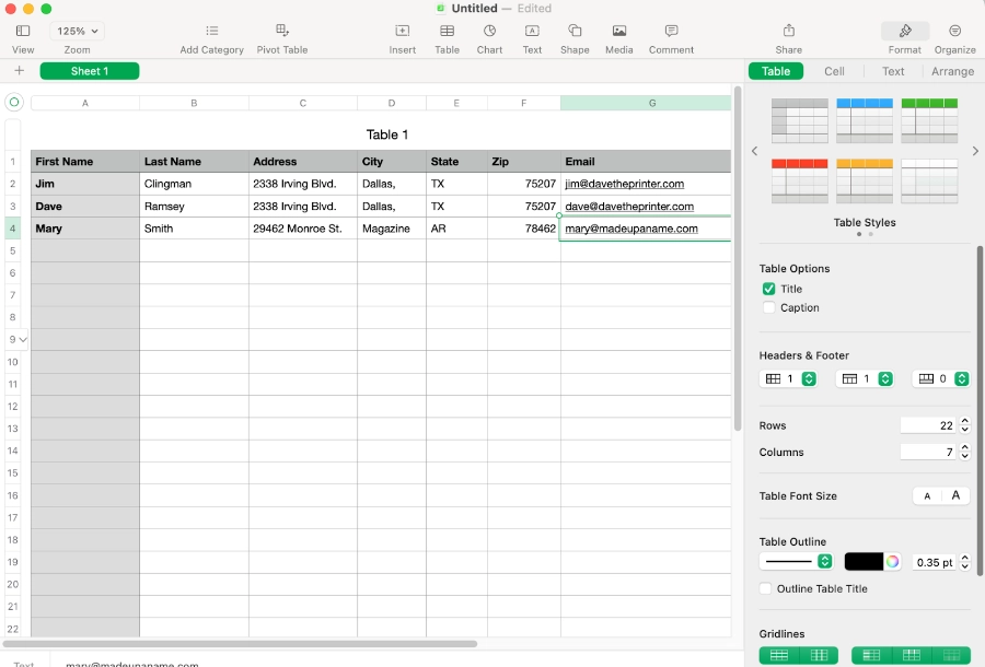 Spreadsheet Used for Mailing Services