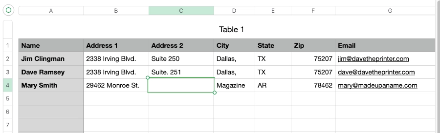 Entering Details for Spreadsheet for a Meil Merge